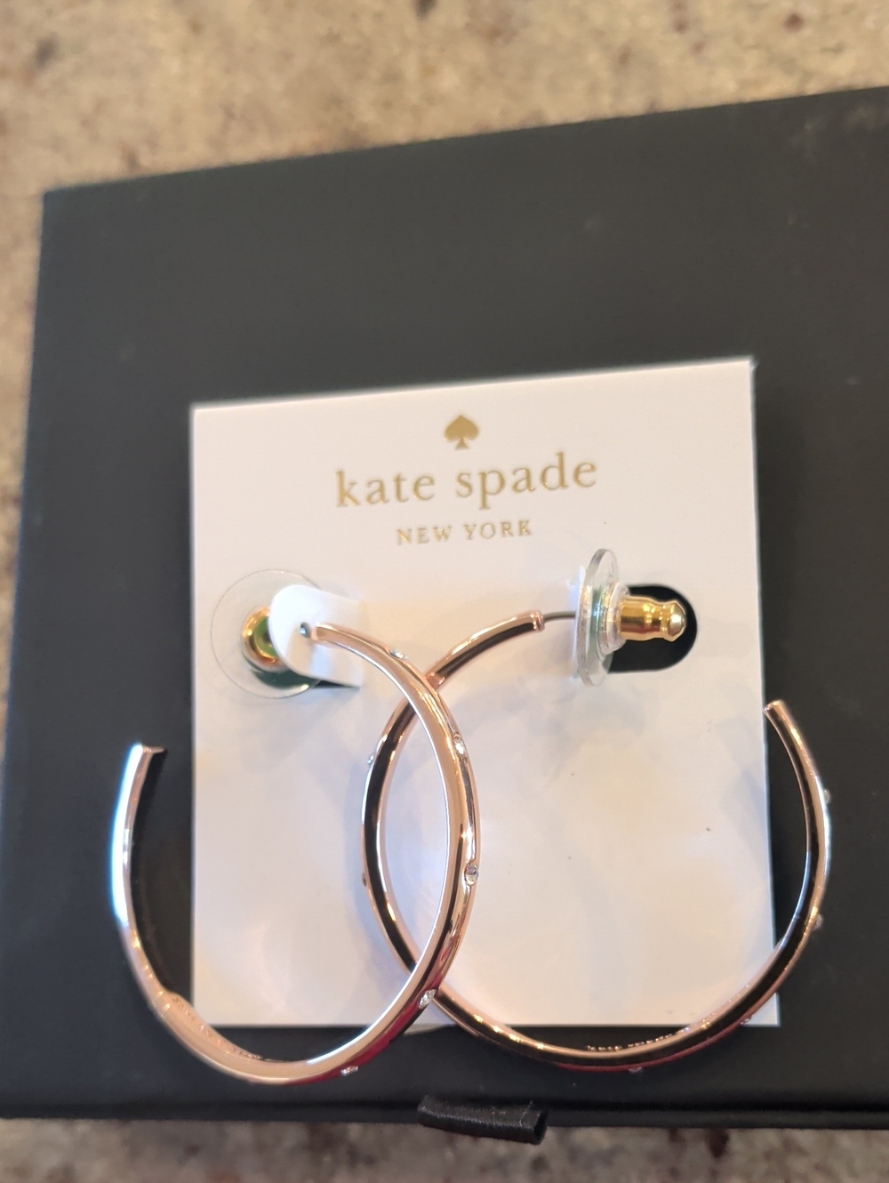 kate spade Rose Gold Thin Hoop Earrings With Encased Crystals, New 2"